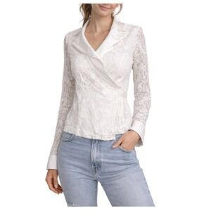Anne Fontaine White Lace Blouse Satin Collar & Belt Wrap Front US 10 French Lux‎